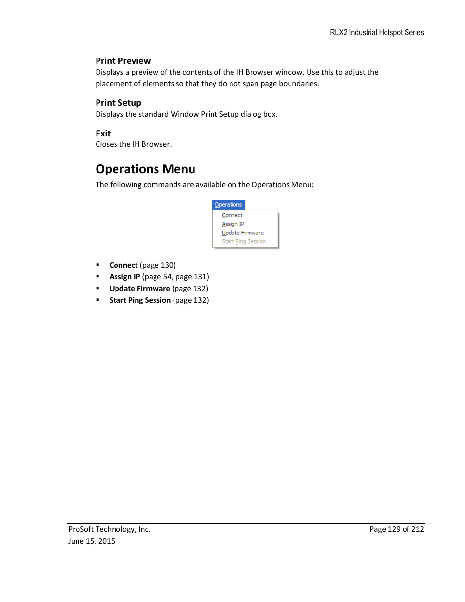Print preview, Print setup, Exit | Perations, E 129), Operations menu | ProSoft Technology RLX2-IHNF-WC User Manual | Page 129 / 212