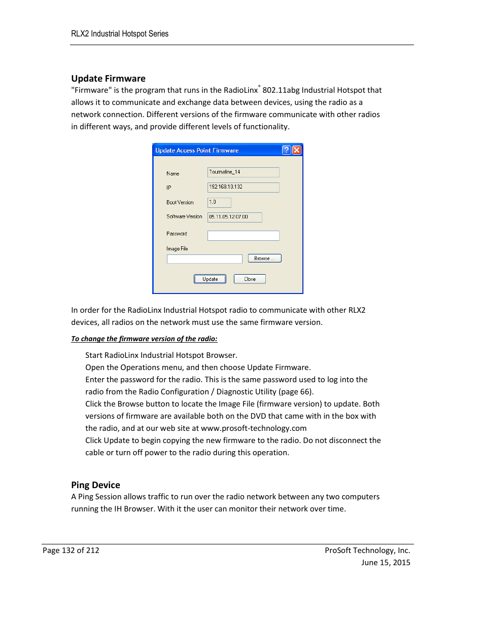 Update firmware, Ping device, E 132) | ProSoft Technology RLX2-IHNF-WC User Manual | Page 132 / 212
