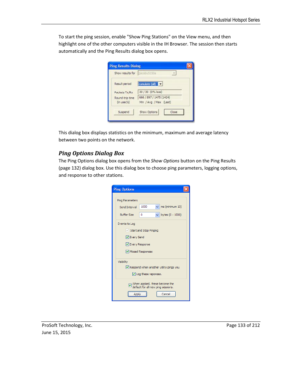 Ping options dialog box | ProSoft Technology RLX2-IHNF-WC User Manual | Page 133 / 212