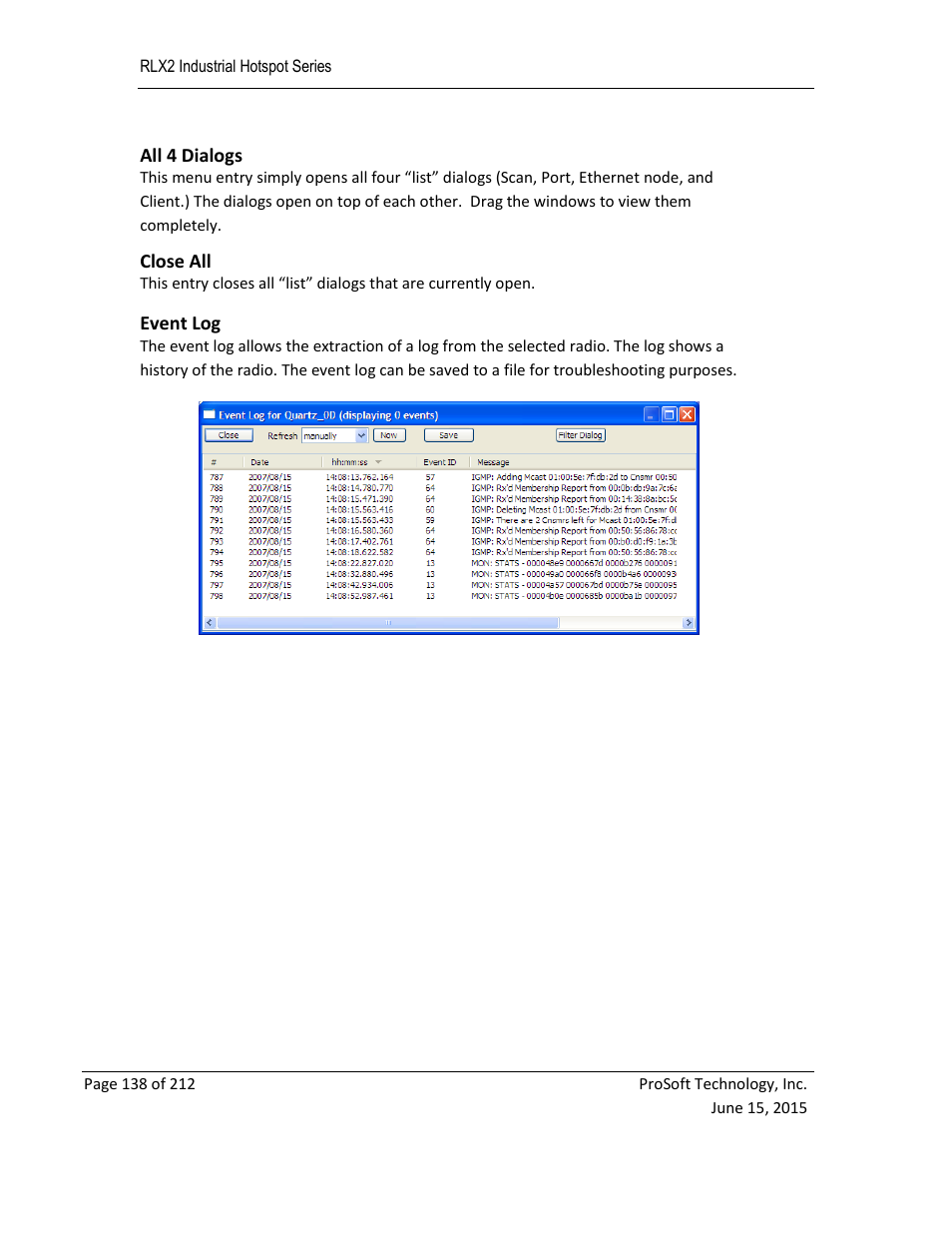 All 4 dialogs, Close all, Event log | E 138) | ProSoft Technology RLX2-IHNF-WC User Manual | Page 138 / 212