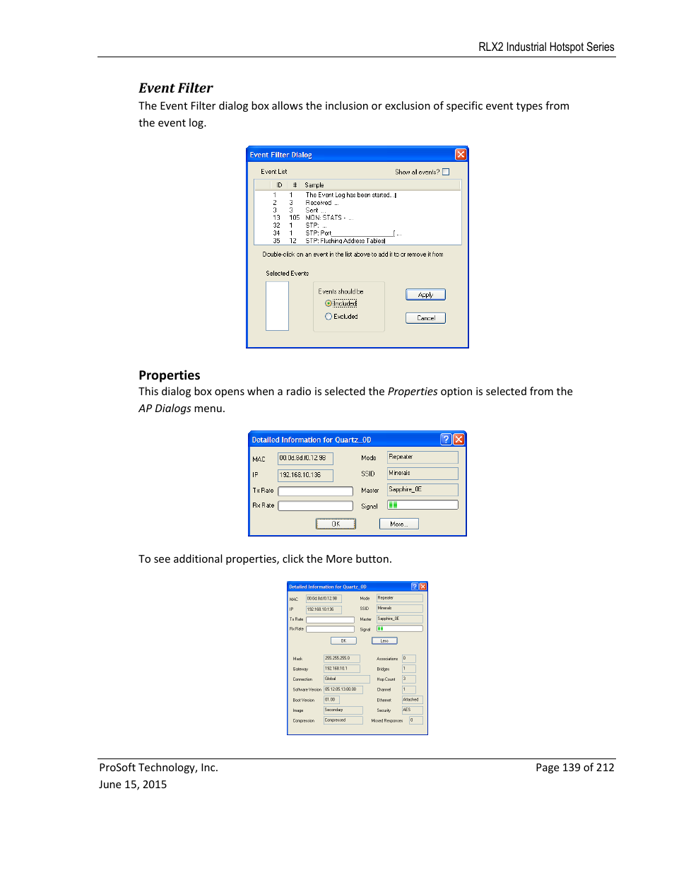 Event filter, Properties, E 139) | ProSoft Technology RLX2-IHNF-WC User Manual | Page 139 / 212