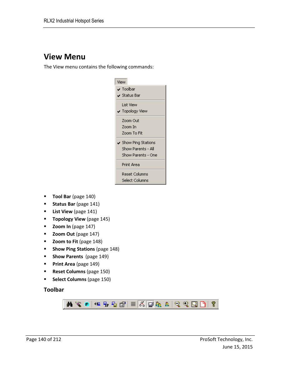 Toolbar, View menu | ProSoft Technology RLX2-IHNF-WC User Manual | Page 140 / 212