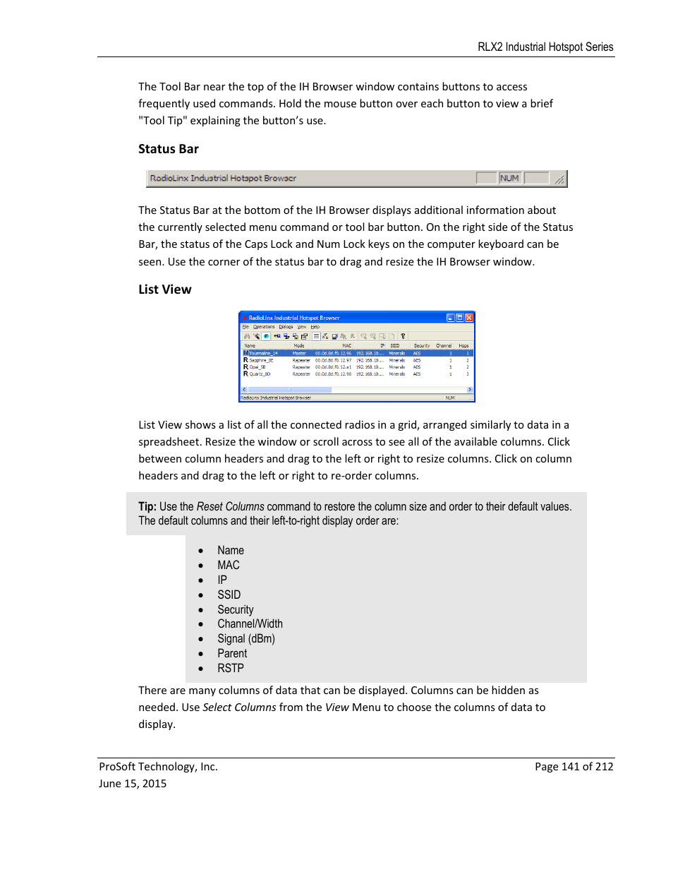 Status bar, List view, E 141) | ProSoft Technology RLX2-IHNF-WC User Manual | Page 141 / 212