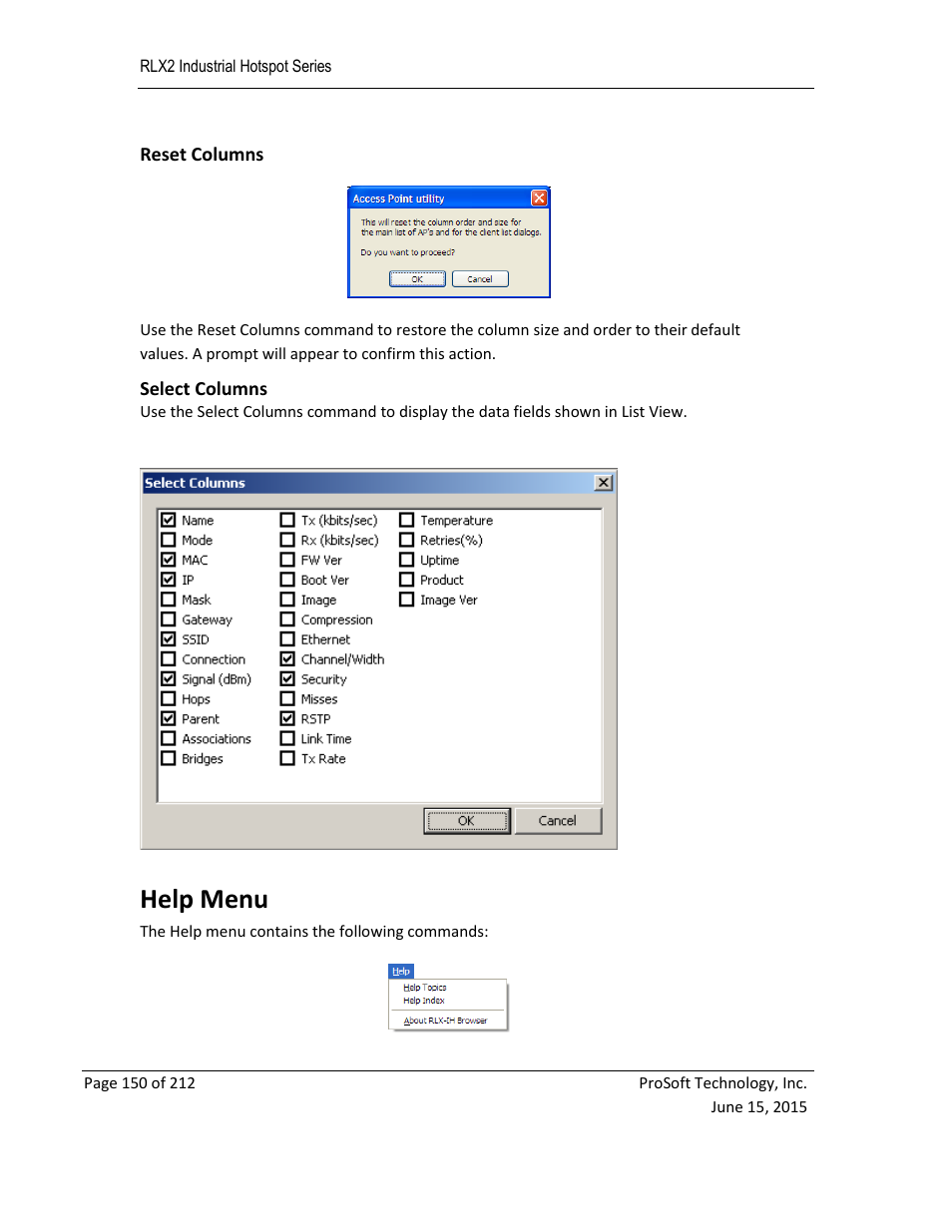 Reset columns, Select columns, E 150) | Help menu | ProSoft Technology RLX2-IHNF-WC User Manual | Page 150 / 212