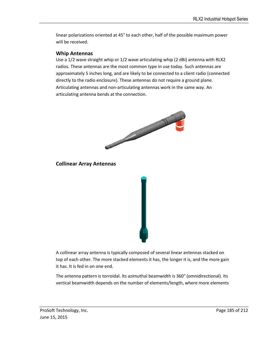 Whip antennas, Collinear array antennas | ProSoft Technology RLX2-IHNF-WC User Manual | Page 185 / 212