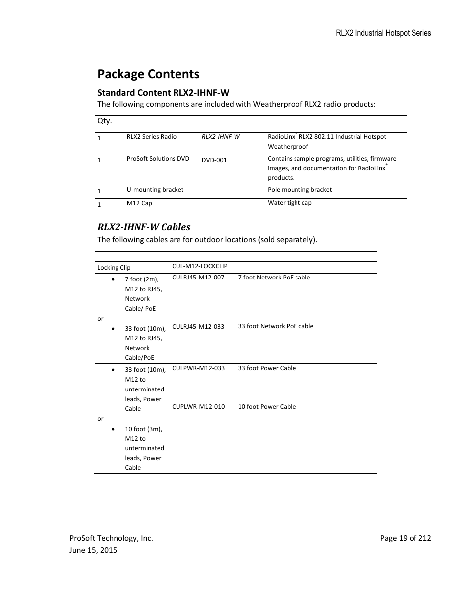 Ackage, Ontents, Standard content rlx2-ihnf-w | Rlx2-ihnf-w cables, Package contents | ProSoft Technology RLX2-IHNF-WC User Manual | Page 19 / 212