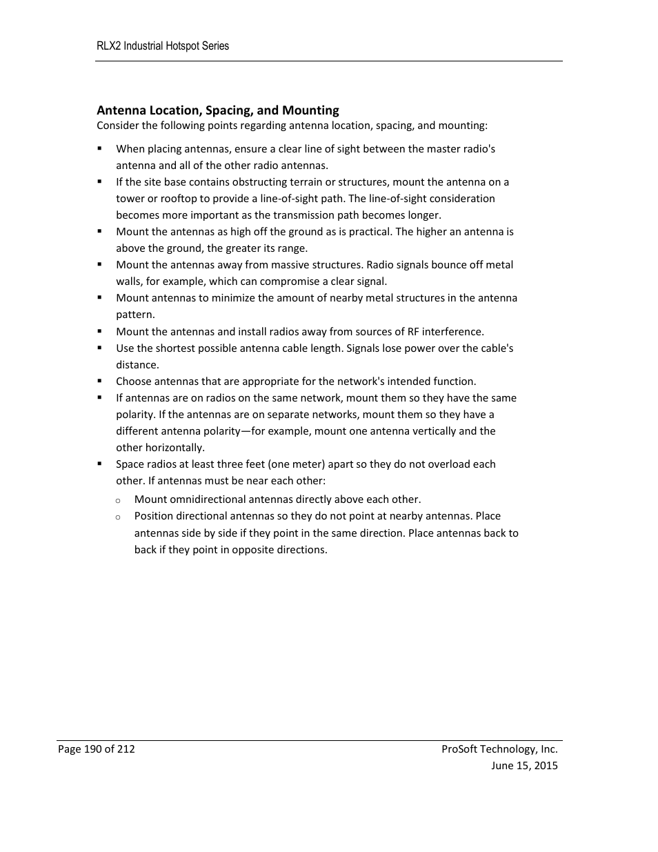 Antenna location, spacing, and mounting | ProSoft Technology RLX2-IHNF-WC User Manual | Page 190 / 212