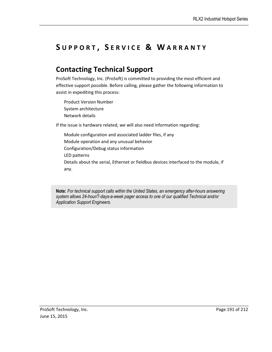 Support, service & warranty, Ontacting, Echnical | Upport, Contacting technical support | ProSoft Technology RLX2-IHNF-WC User Manual | Page 191 / 212