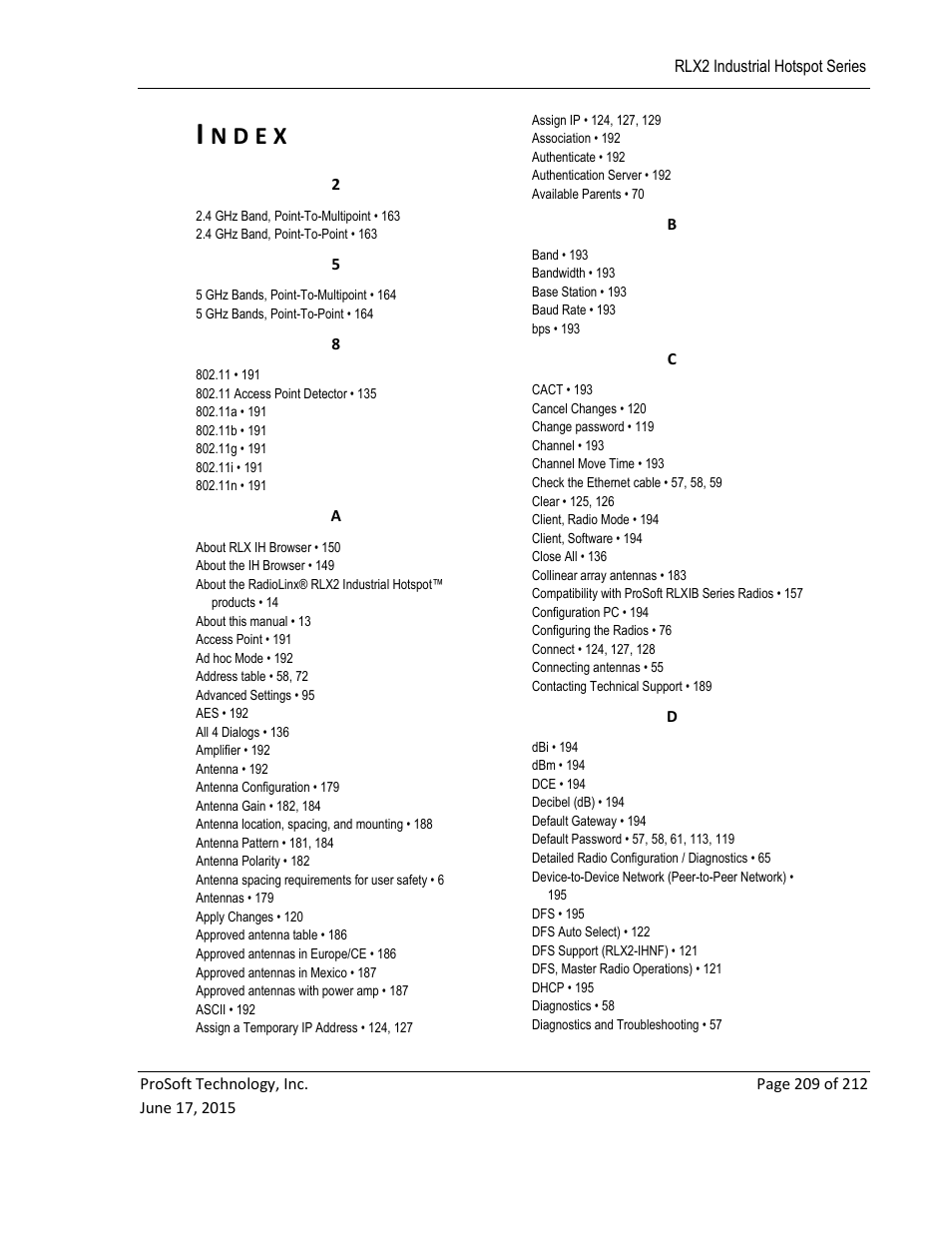 Index, N d e x | ProSoft Technology RLX2-IHNF-WC User Manual | Page 209 / 212