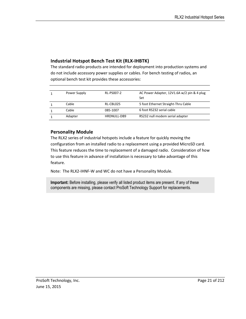 Industrial hotspot bench test kit (rlx-ihbtk), Personality module | ProSoft Technology RLX2-IHNF-WC User Manual | Page 21 / 212