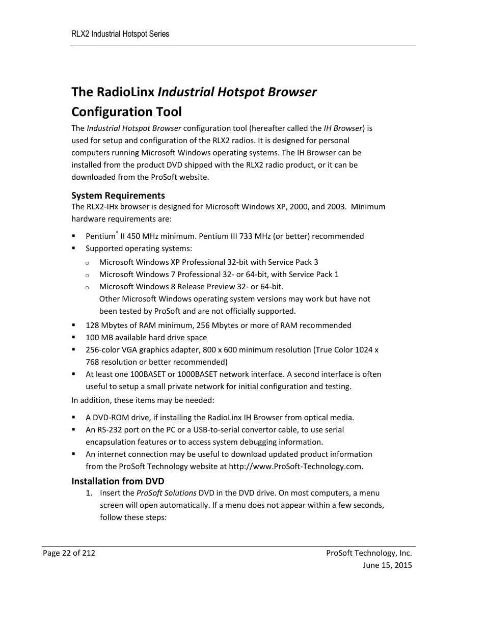 Adio, Ndustrial, Otspot | Rowser, Onfiguration, System requirements, Installation from dvd | ProSoft Technology RLX2-IHNF-WC User Manual | Page 22 / 212