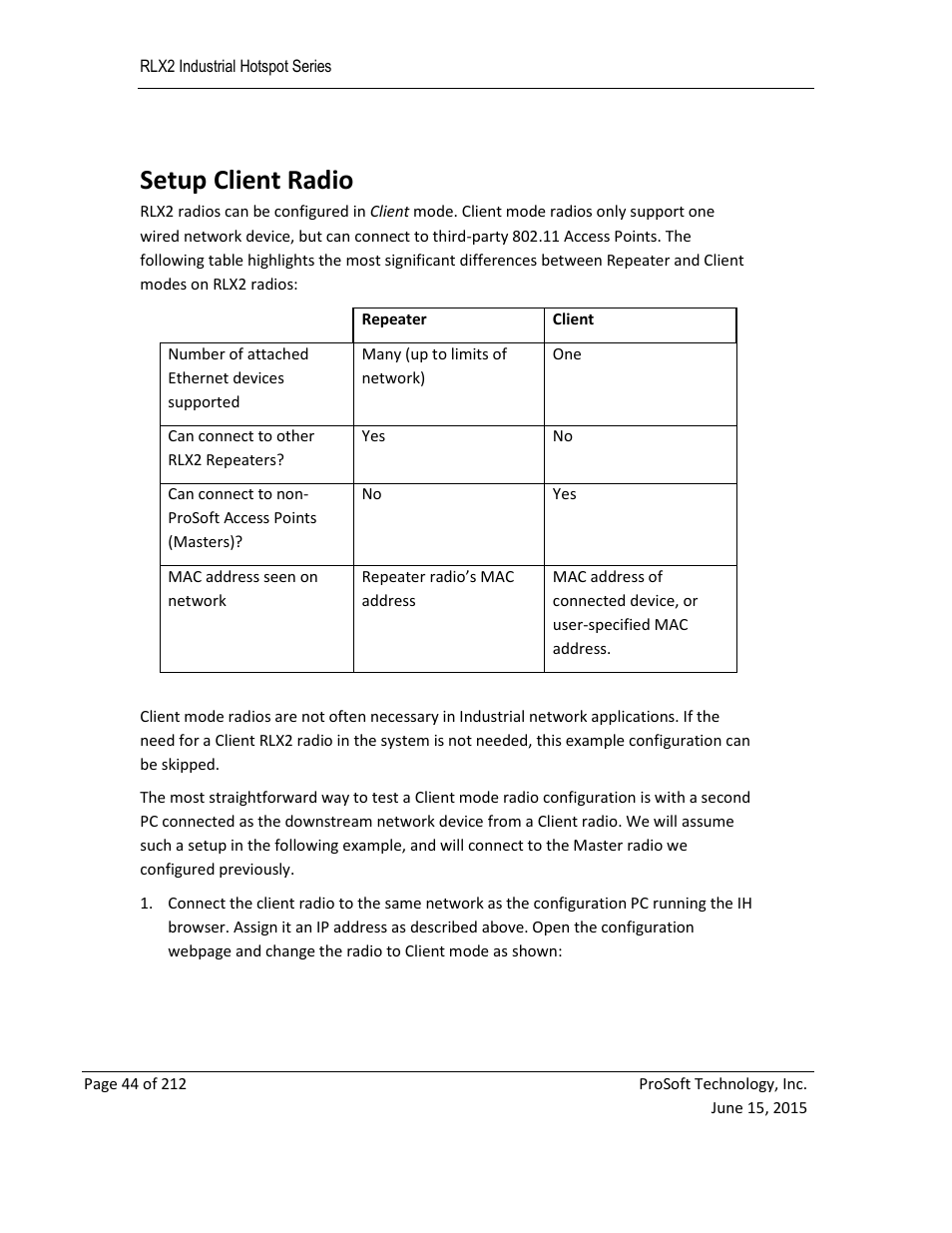 Etup, Lient, Adio | Setup client radio | ProSoft Technology RLX2-IHNF-WC User Manual | Page 44 / 212