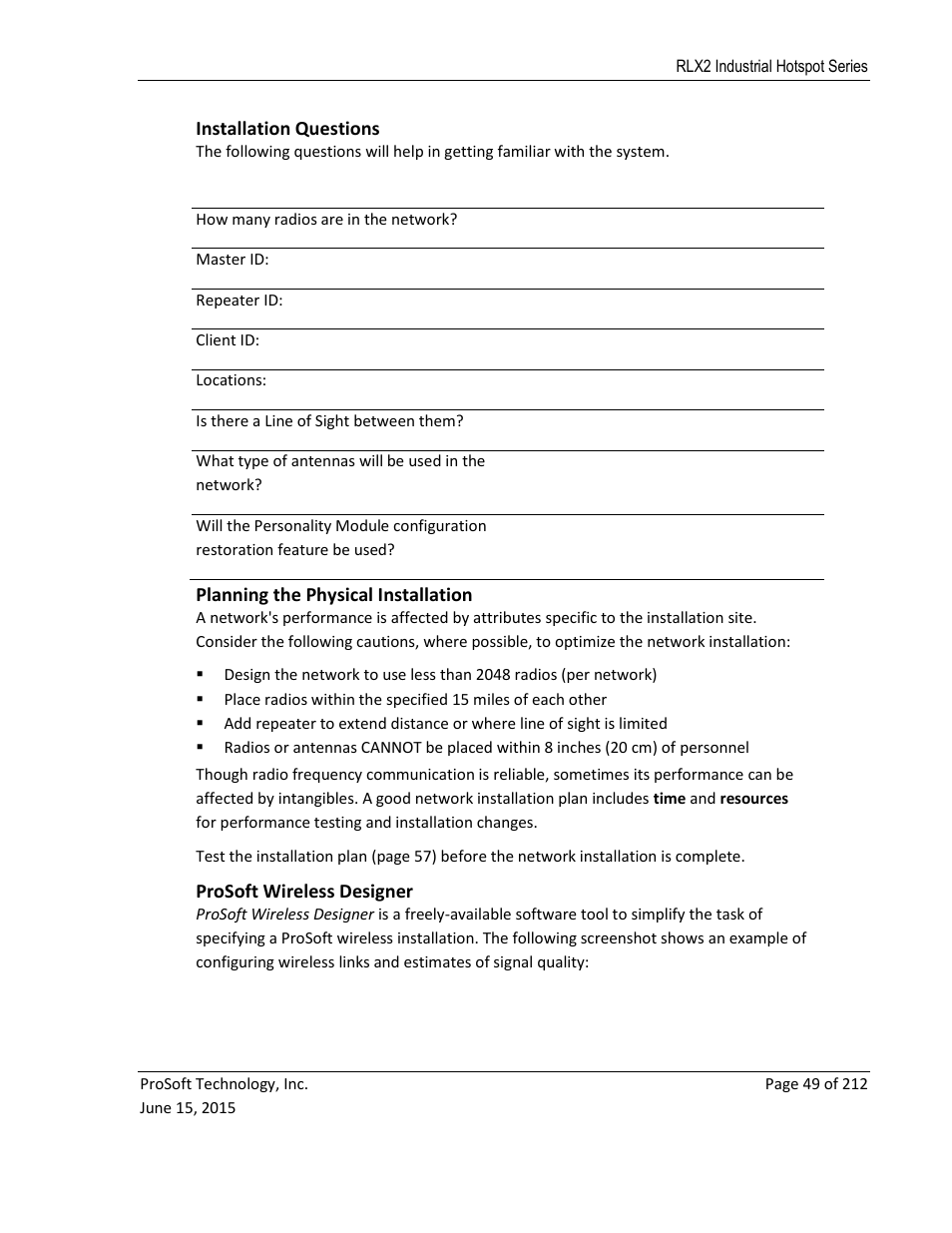 Installation questions, Planning the physical installation, Prosoft wireless designer | ProSoft Technology RLX2-IHNF-WC User Manual | Page 49 / 212