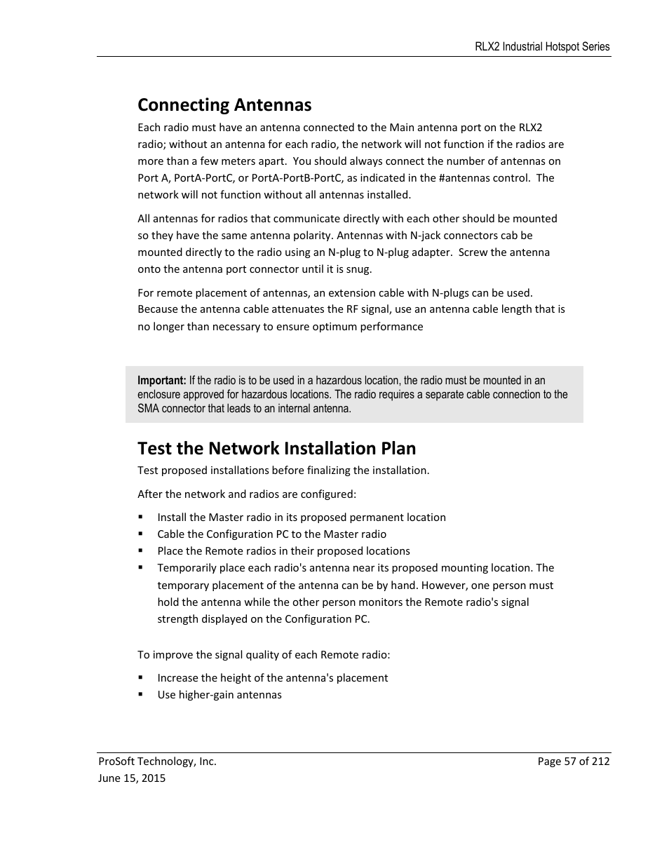 Onnecting, Ntennas, Est the | Etwork, Nstallation, Connecting antennas, Test the network installation plan | ProSoft Technology RLX2-IHNF-WC User Manual | Page 57 / 212