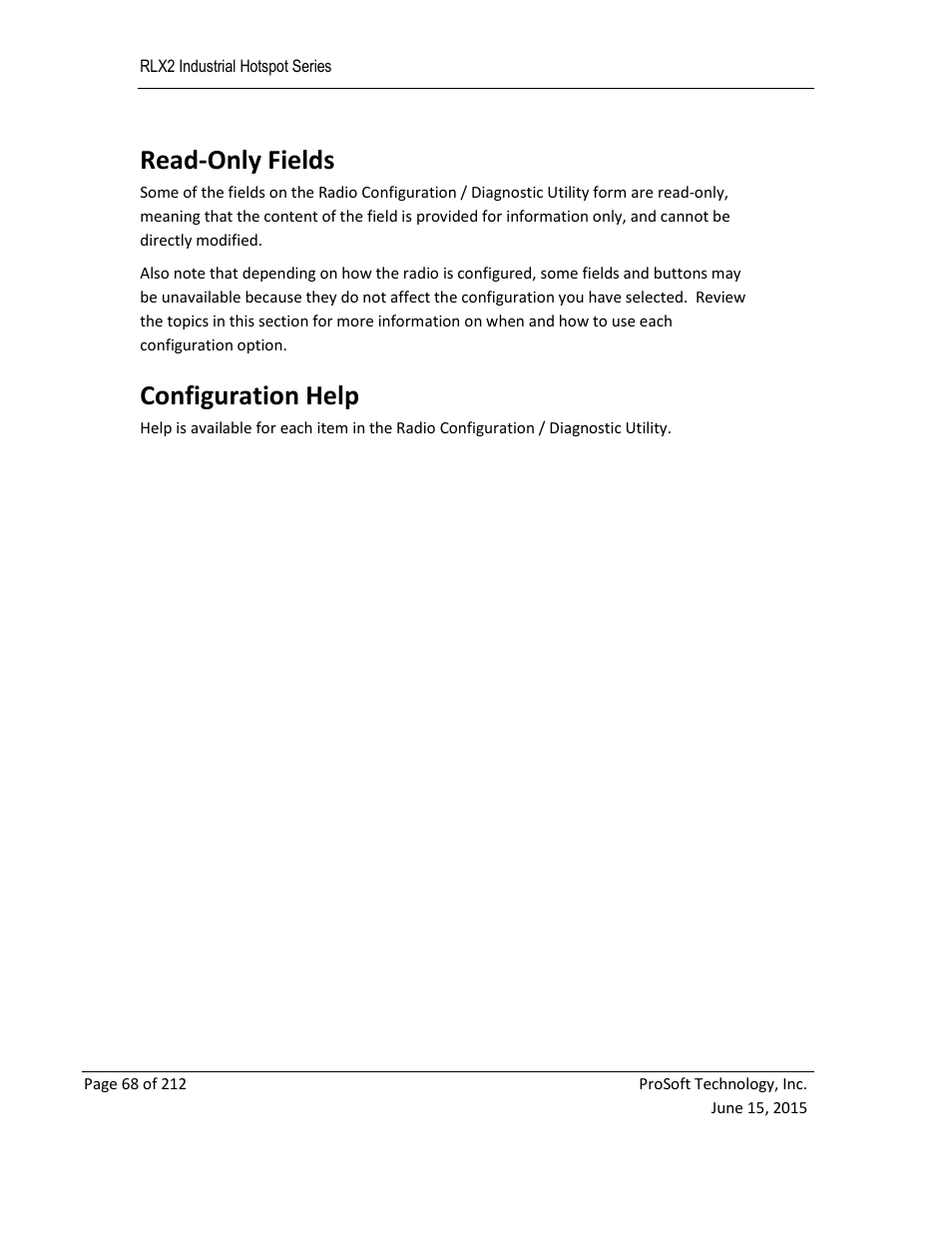 Ields, Onfiguration, Read-only fields | Configuration help | ProSoft Technology RLX2-IHNF-WC User Manual | Page 68 / 212