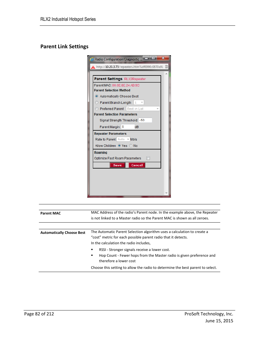 Parent link settings | ProSoft Technology RLX2-IHNF-WC User Manual | Page 82 / 212