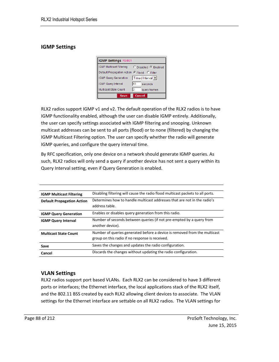 Igmp settings, Vlan settings | ProSoft Technology RLX2-IHNF-WC User Manual | Page 88 / 212