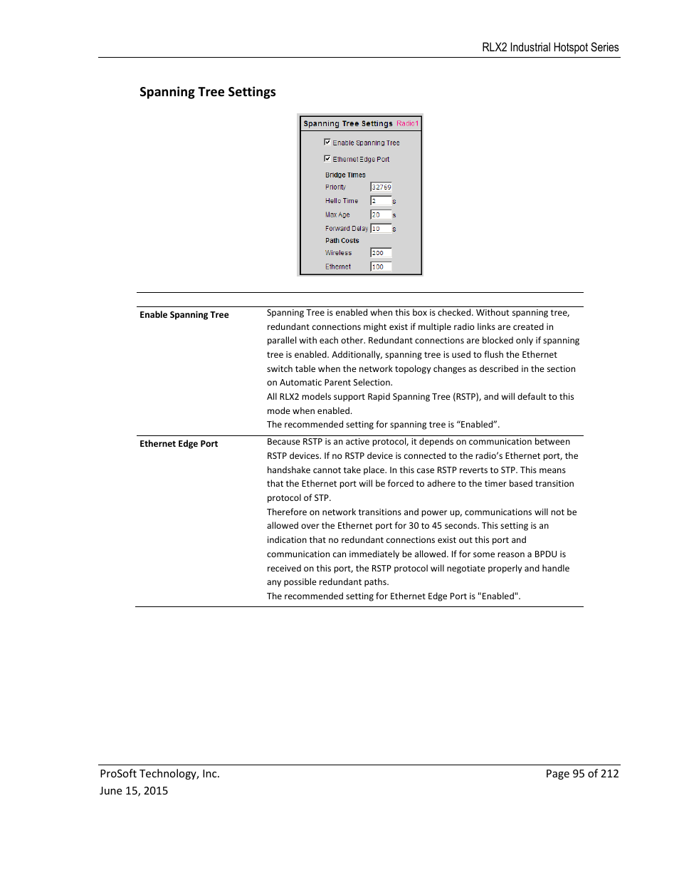 Spanning tree settings | ProSoft Technology RLX2-IHNF-WC User Manual | Page 95 / 212