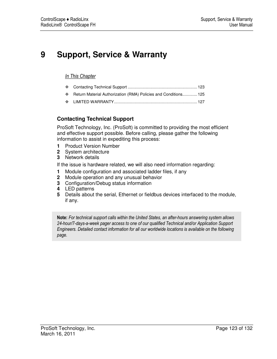 9support, service & warranty | ProSoft Technology RLX2-IFH9E User Manual | Page 123 / 132