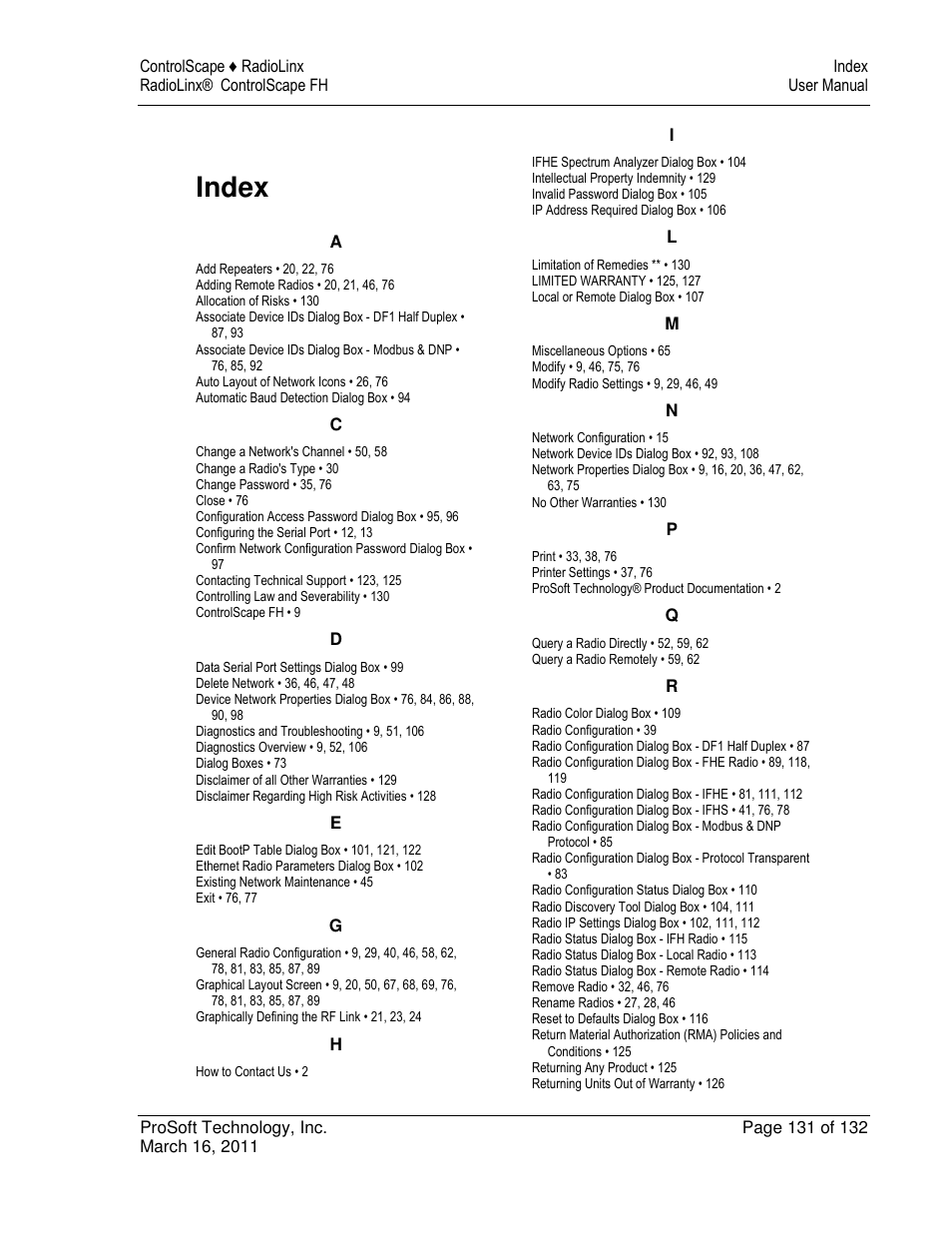 Index | ProSoft Technology RLX2-IFH9E User Manual | Page 131 / 132