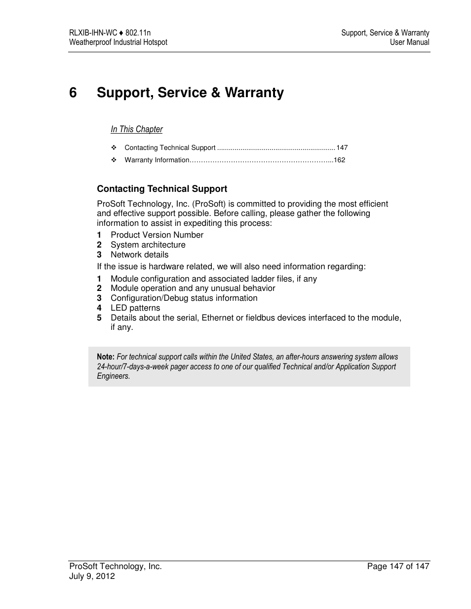 6support, service & warranty | ProSoft Technology RLXIB-IHN-W-E User Manual | Page 147 / 167