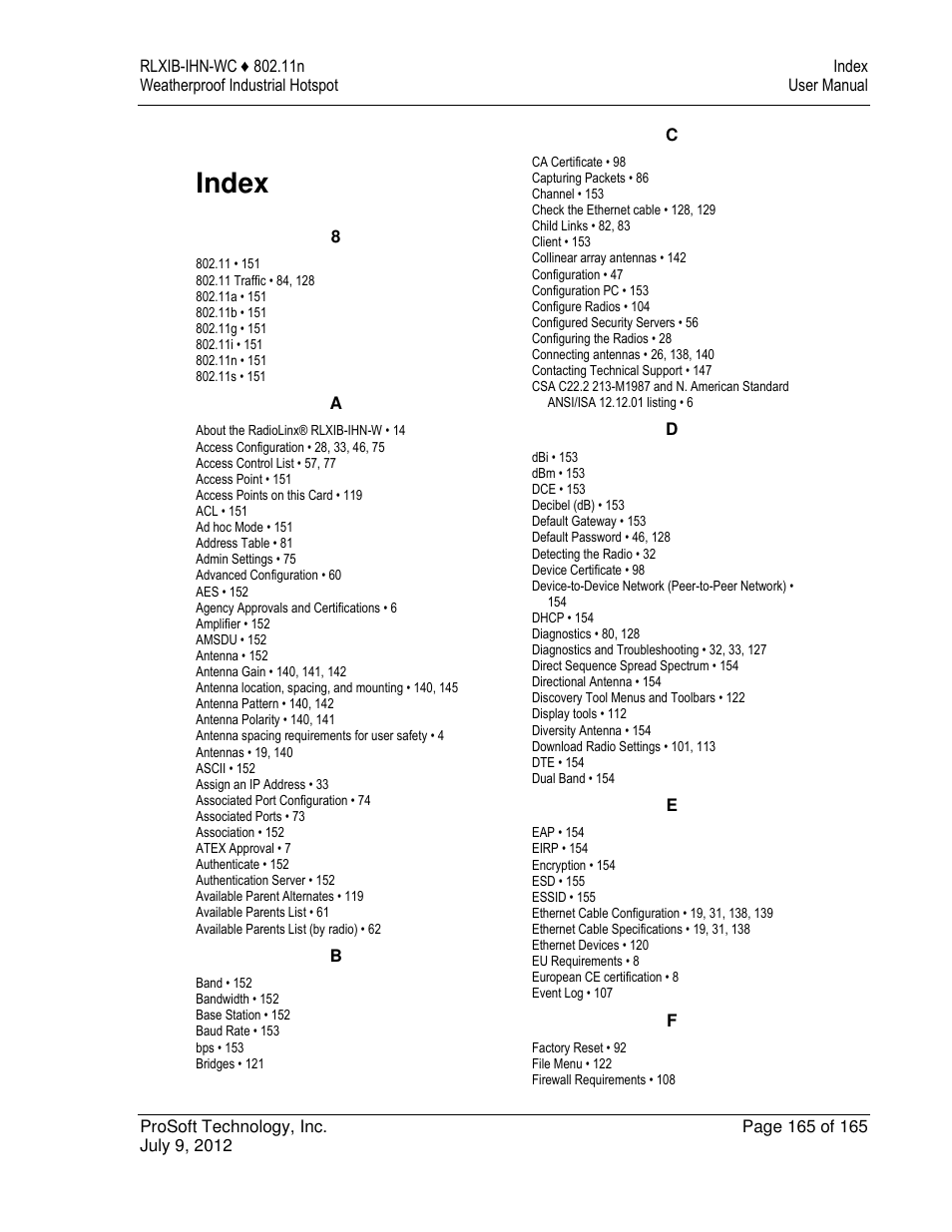 Index | ProSoft Technology RLXIB-IHN-W-E User Manual | Page 165 / 167