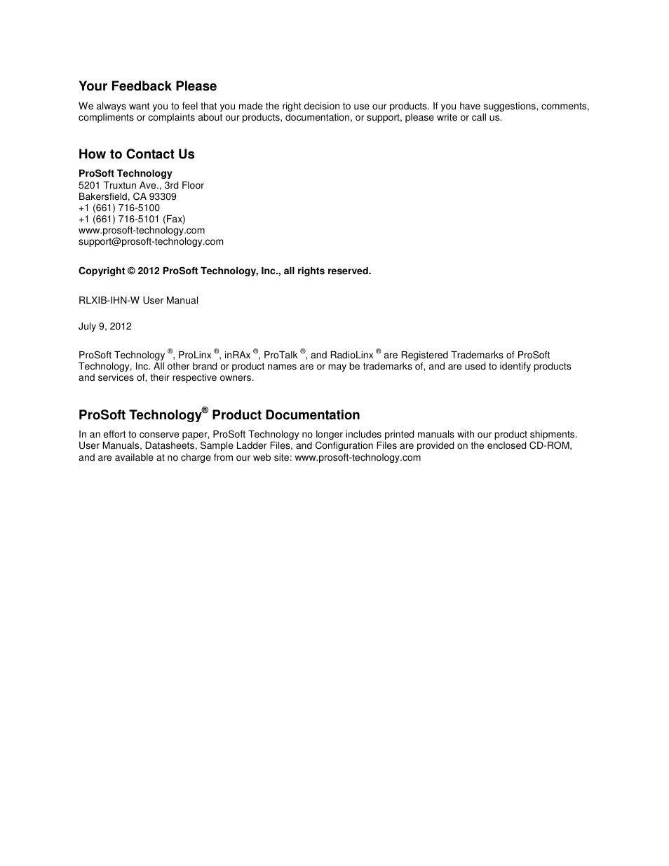 Your feedback please, How to contact us, Prosoft technology | Product documentation | ProSoft Technology RLXIB-IHN-W-E User Manual | Page 2 / 167