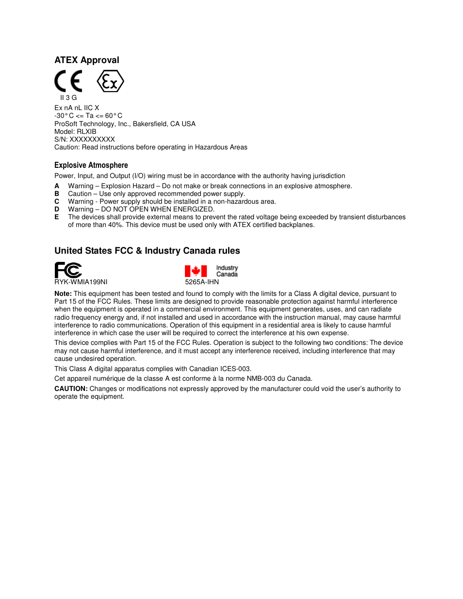 Atex approval, United states fcc & industry canada rules | ProSoft Technology RLXIB-IHN-W-E User Manual | Page 7 / 167