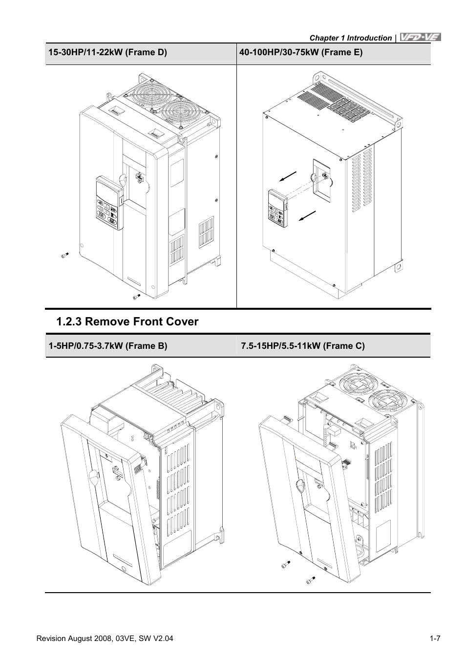 3 remove front cover, 3 remove front cover -7 | Delta Electronics AC Motor Drive VFD-VE Series User Manual | Page 16 / 291