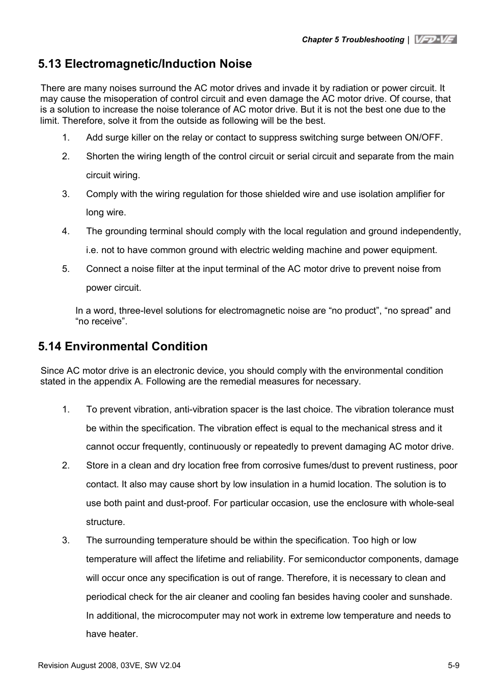 13 electromagnetic/induction noise, 14 environmental condition, 13 electromagnetic/induction noise -9 | 14 environmental condition -9 | Delta Electronics AC Motor Drive VFD-VE Series User Manual | Page 224 / 291