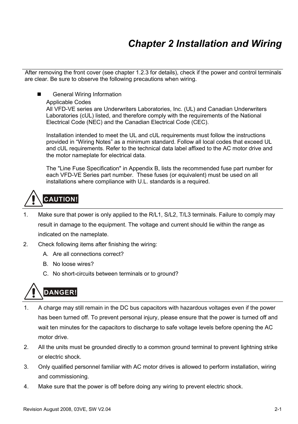 Chapter 2 installation and wiring, Chapter 2 installation and wiring -1 | Delta Electronics AC Motor Drive VFD-VE Series User Manual | Page 24 / 291