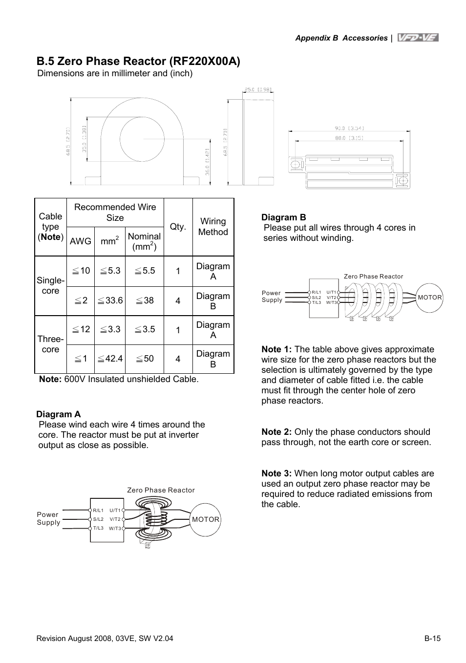 B.5 zero phase reactor (rf220x00a) | Delta Electronics AC Motor Drive VFD-VE Series User Manual | Page 254 / 291