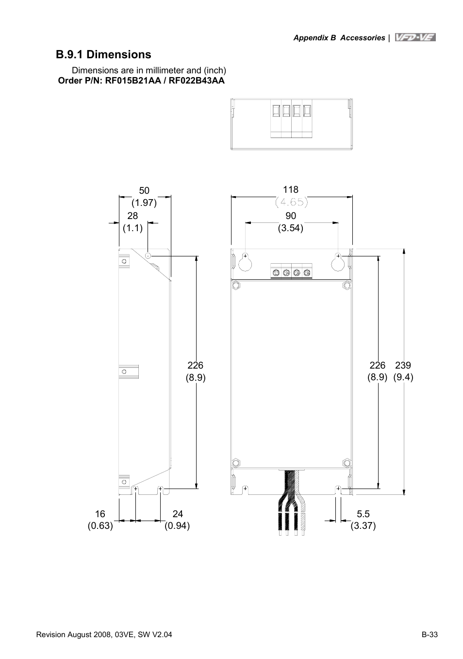 B.9.1 dimensions | Delta Electronics AC Motor Drive VFD-VE Series User Manual | Page 272 / 291