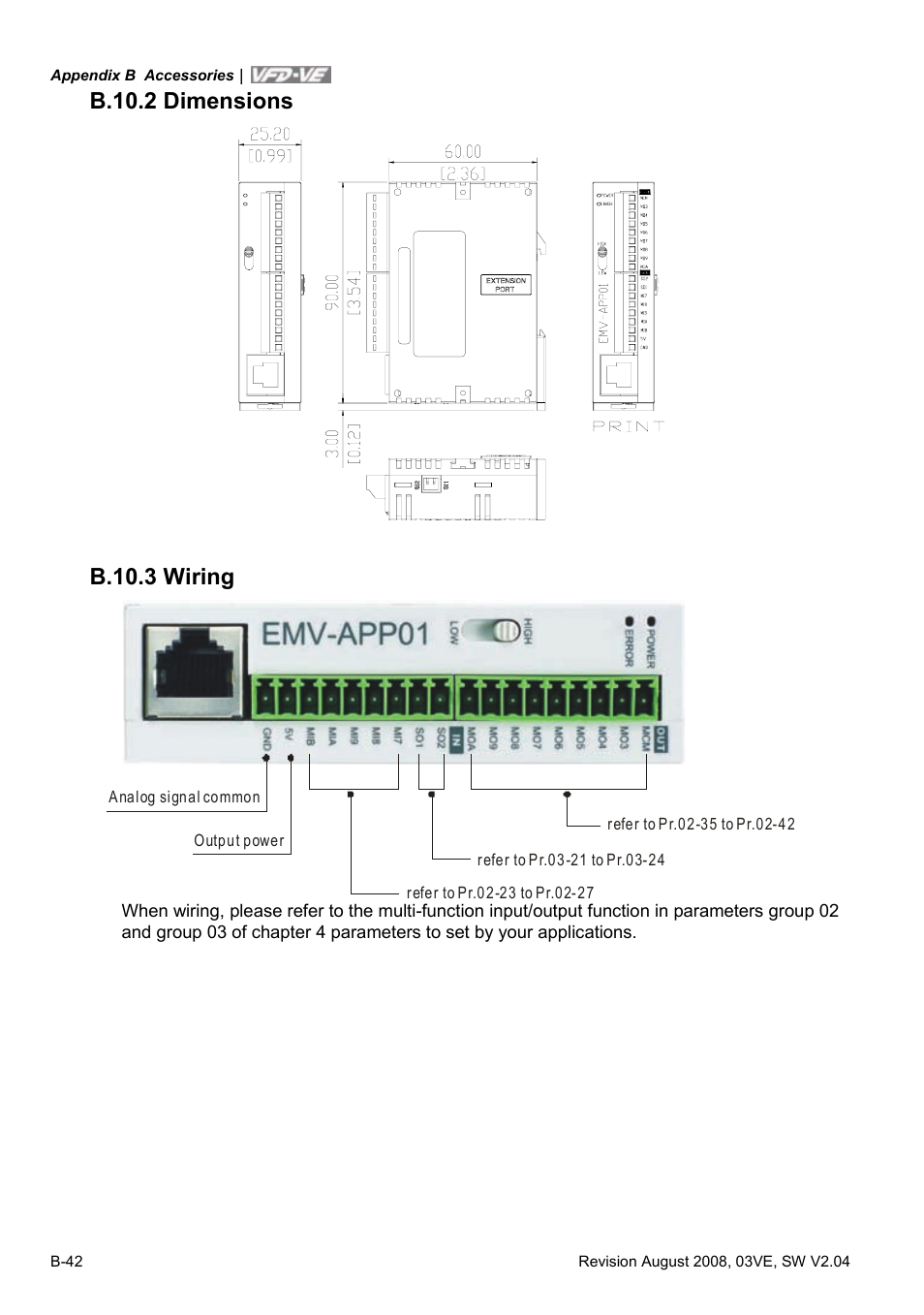 B.10.2 dimensions, B.10.3 wiring | Delta Electronics AC Motor Drive VFD-VE Series User Manual | Page 281 / 291
