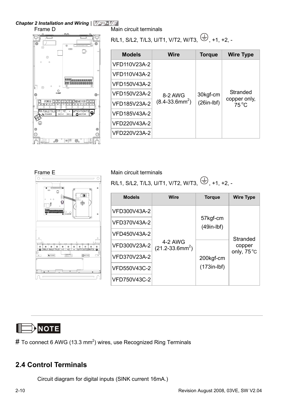 4 control terminals, 4 control terminals -10, Frame d | Cframe e, Wires, use recognized ring terminals | Delta Electronics AC Motor Drive VFD-VE Series User Manual | Page 33 / 291