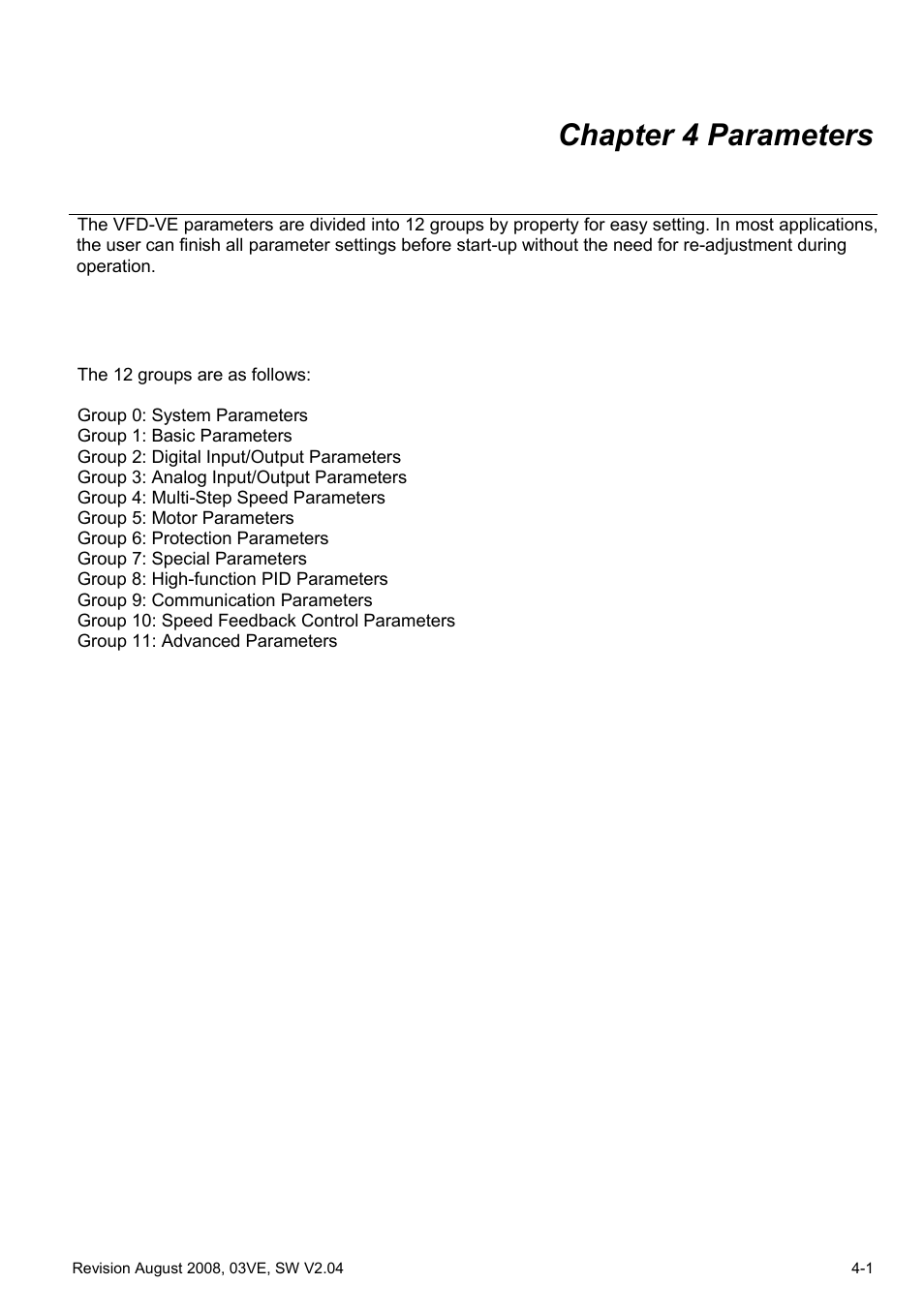 Chapter 4 parameters, Chapter 4 parameters -1 | Delta Electronics AC Motor Drive VFD-VE Series User Manual | Page 50 / 291
