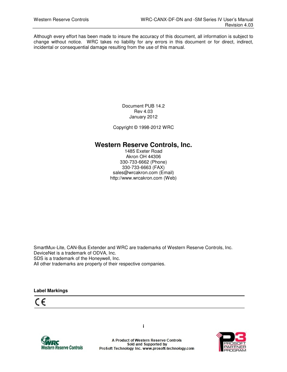 Western reserve controls, inc | ProSoft Technology WRC-CANR-DF User Manual | Page 2 / 26