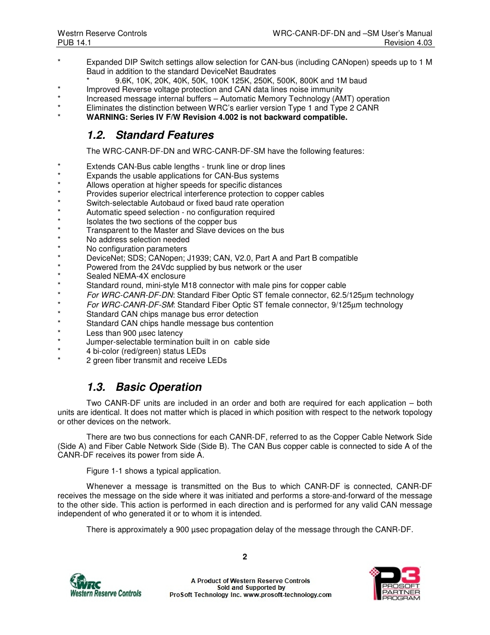 Standard features, Basic operation | ProSoft Technology WRC-CANR-DF User Manual | Page 6 / 26