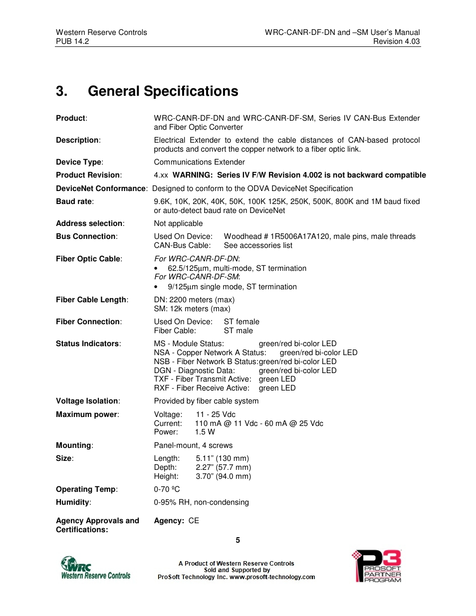 General specifications | ProSoft Technology WRC-CANR-DF User Manual | Page 9 / 26