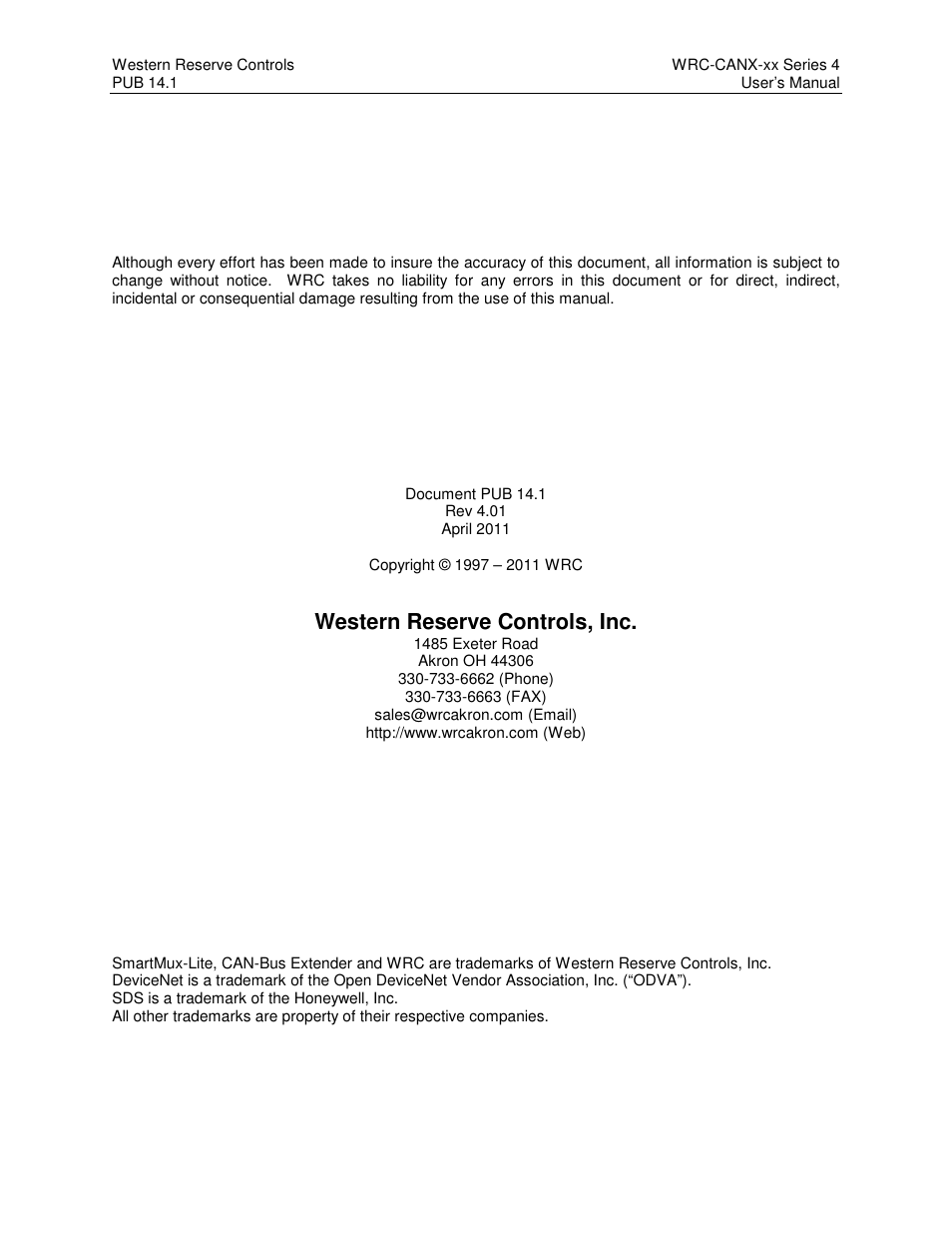 Western reserve controls, inc | ProSoft Technology WRC-CANX User Manual | Page 2 / 33