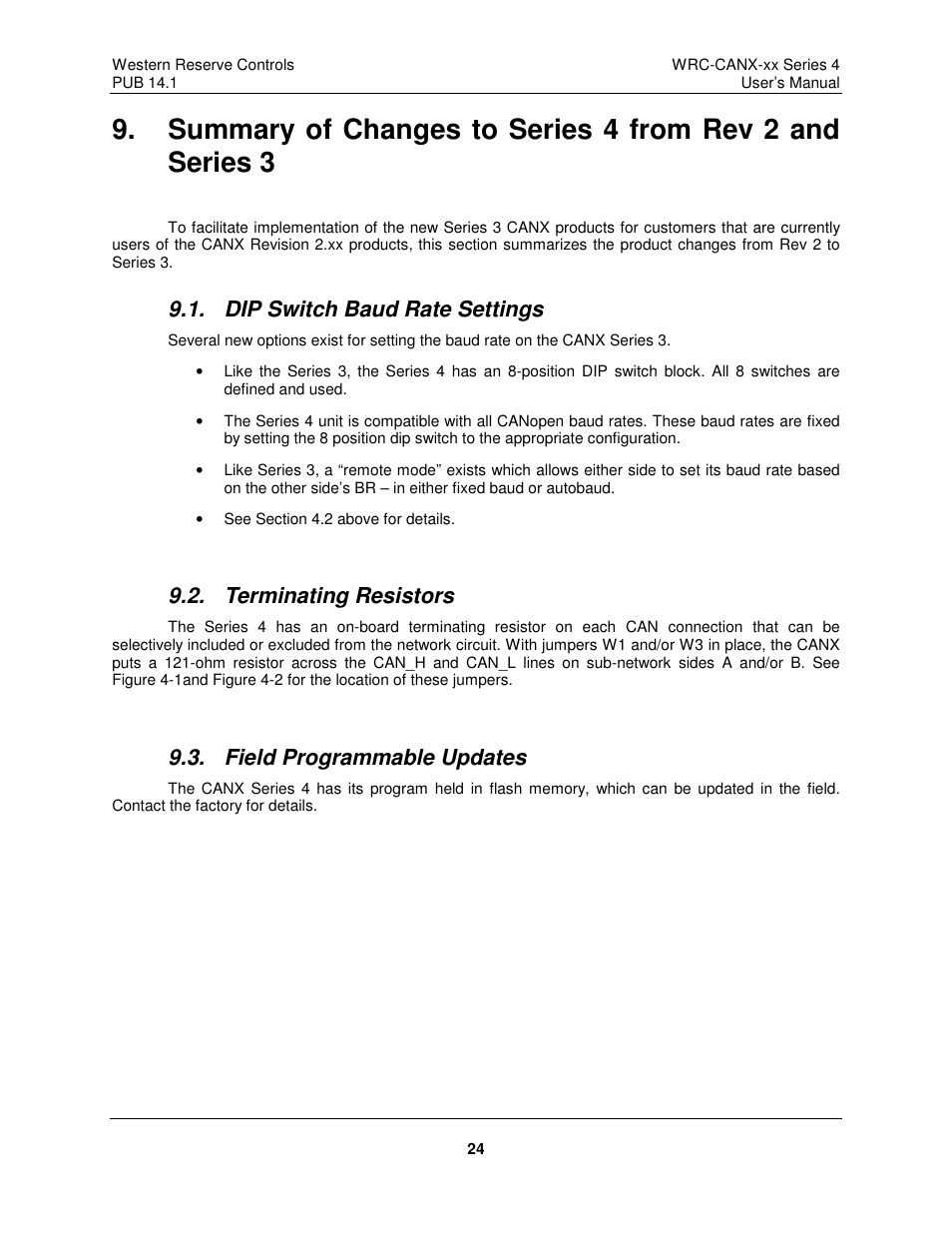 Dip switch baud rate settings, Terminating resistors, Field programmable updates | ProSoft Technology WRC-CANX User Manual | Page 28 / 33