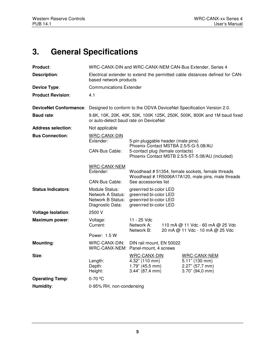 General specifications | ProSoft Technology WRC-CANX User Manual | Page 9 / 33