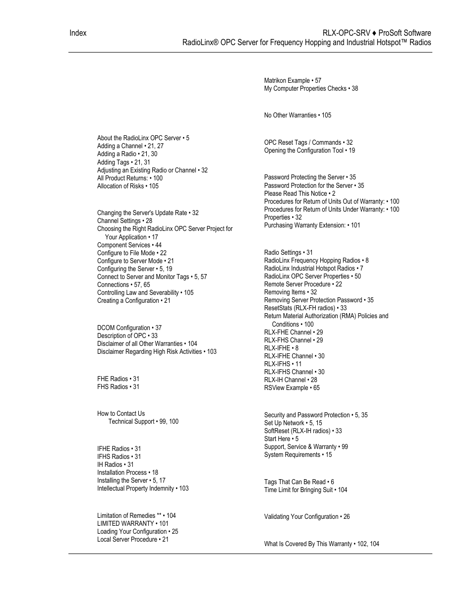 Index | ProSoft Technology RLX-OPC-SRV User Manual | Page 107 / 108
