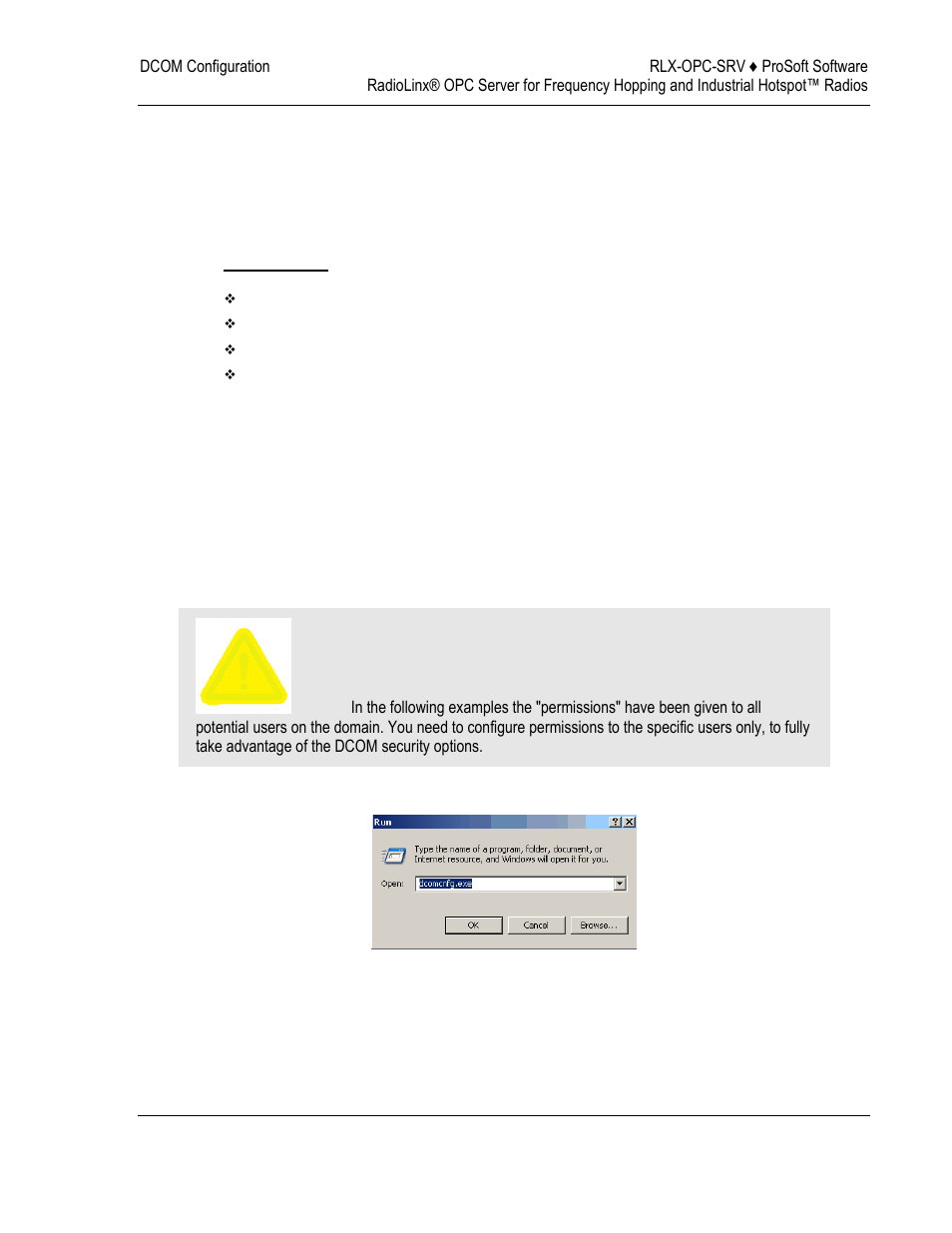 Dcom configuration, 5 dcom configuration | ProSoft Technology RLX-OPC-SRV User Manual | Page 37 / 108