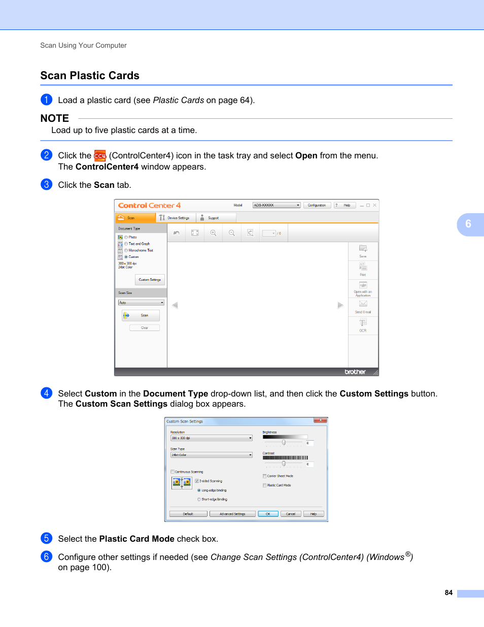 Scan plastic cards, 6scan plastic cards | Brother ADS-2400N User Manual | Page 100 / 319