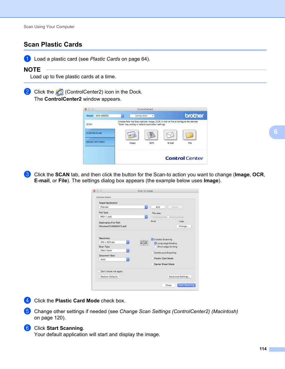 Scan plastic cards, 6scan plastic cards | Brother ADS-2400N User Manual | Page 130 / 319