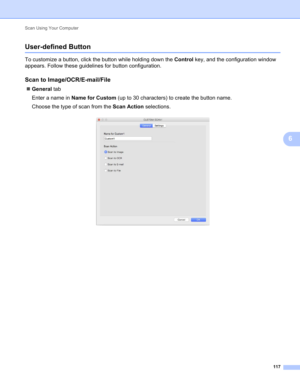 User-defined button, 6user-defined button, Scan to image/ocr/e-mail/file | Brother ADS-2400N User Manual | Page 133 / 319