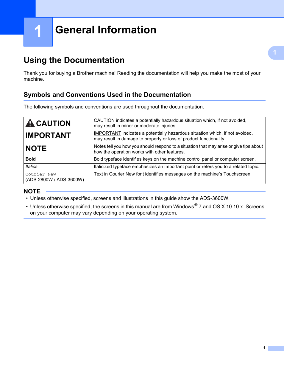 1 general information, Using the documentation, Symbols and conventions used in the documentation | General information, Caution, Important | Brother ADS-2400N User Manual | Page 17 / 319