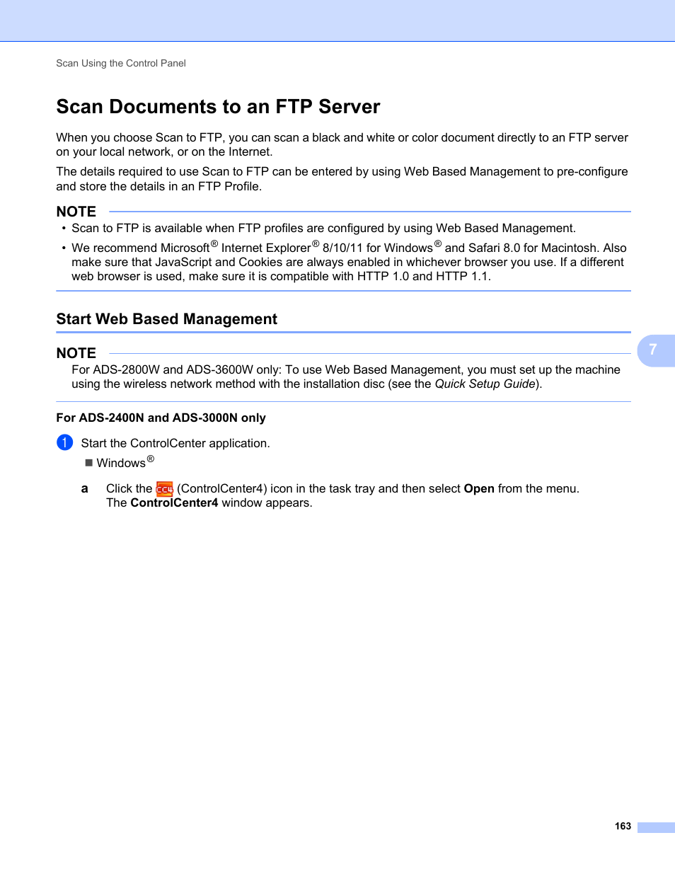 Scan documents to an ftp server, Start web based management | Brother ADS-2400N User Manual | Page 179 / 319