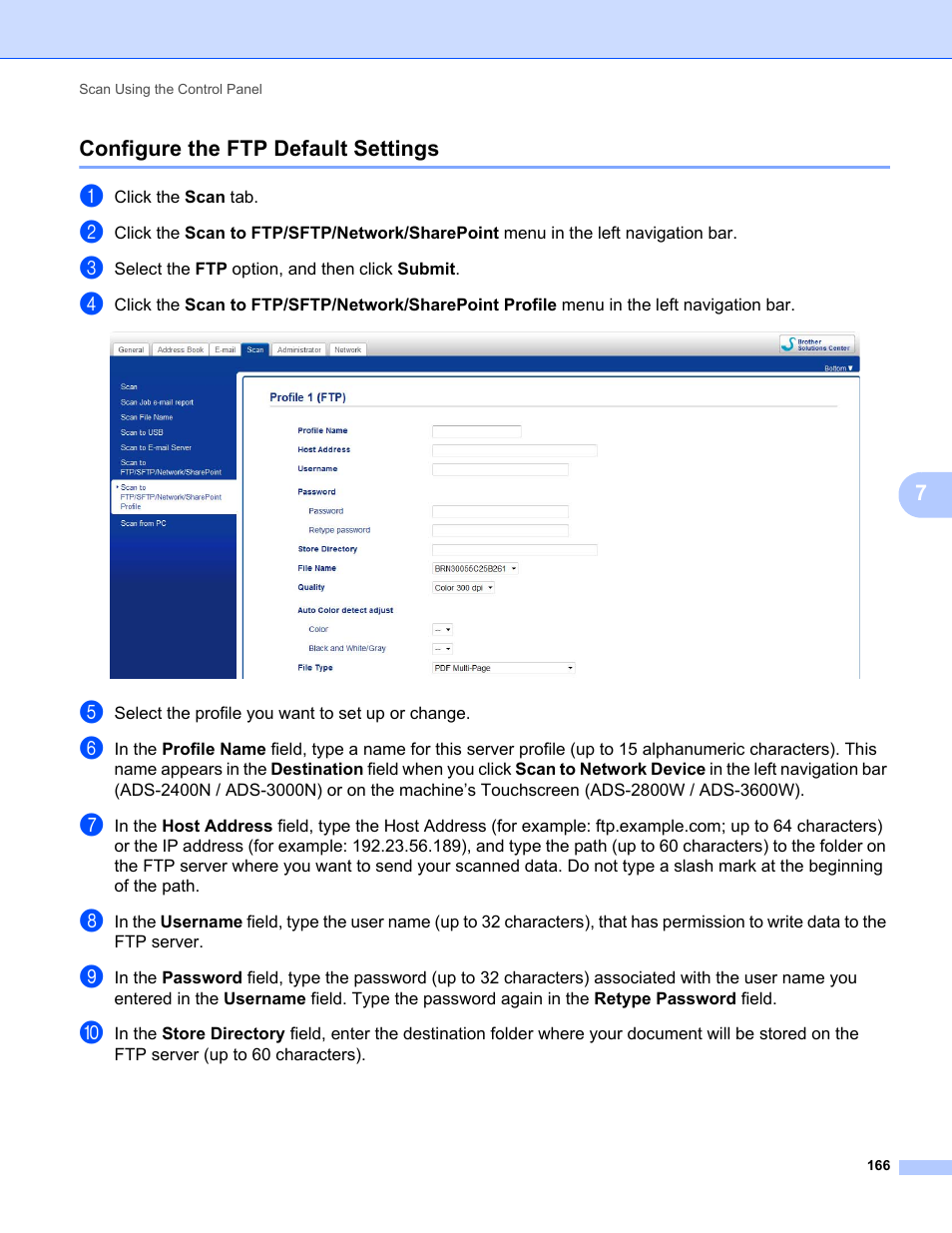 Configure the ftp default settings | Brother ADS-2400N User Manual | Page 182 / 319